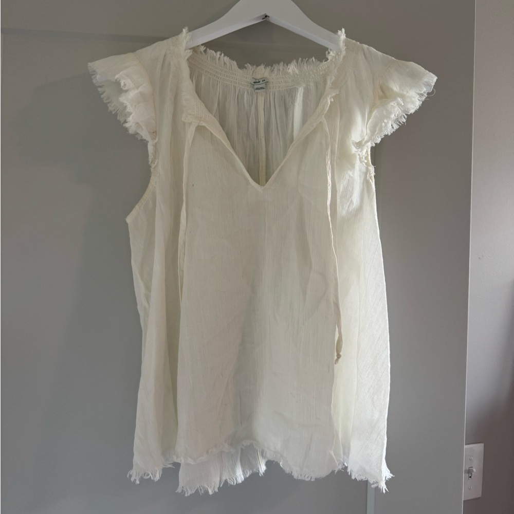 Aerie Cream Flutter Sleeve Blouse with Ruffled Tie Front